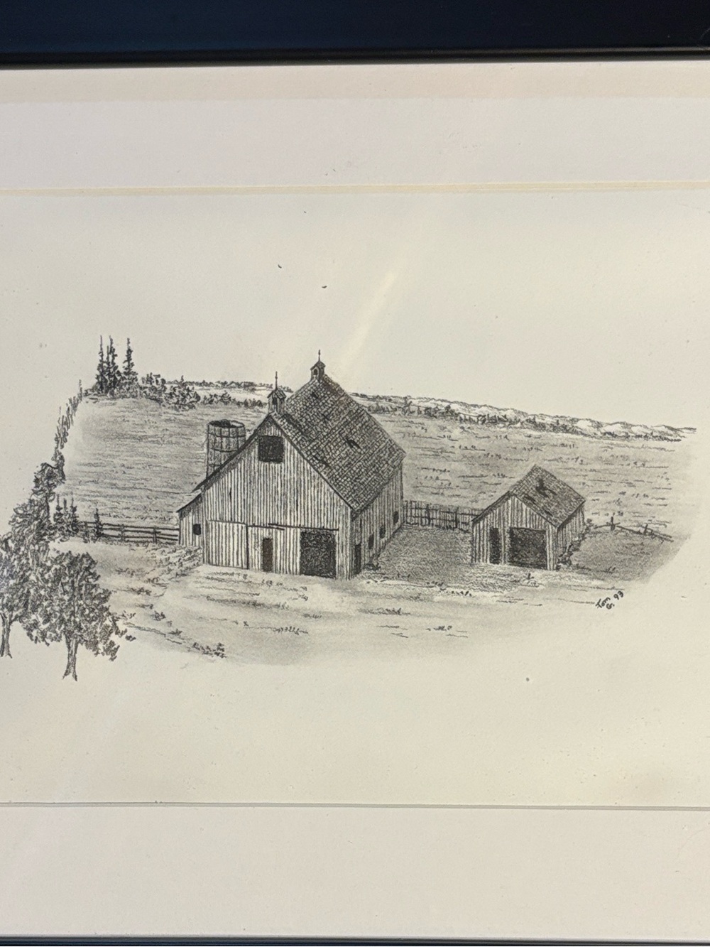 Vintage Hand-Drawn Barn Farmhouse Landscape Framed Artwork